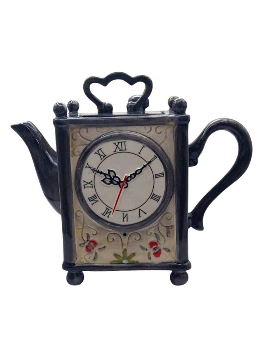 Blue Sky Clayworks Ceramic Green Floral Tea Time Clock Teapot With Lid